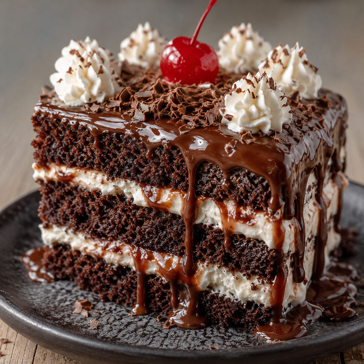 Coca-Cola fudge layer cake with creamy filling and glossy chocolate glaze