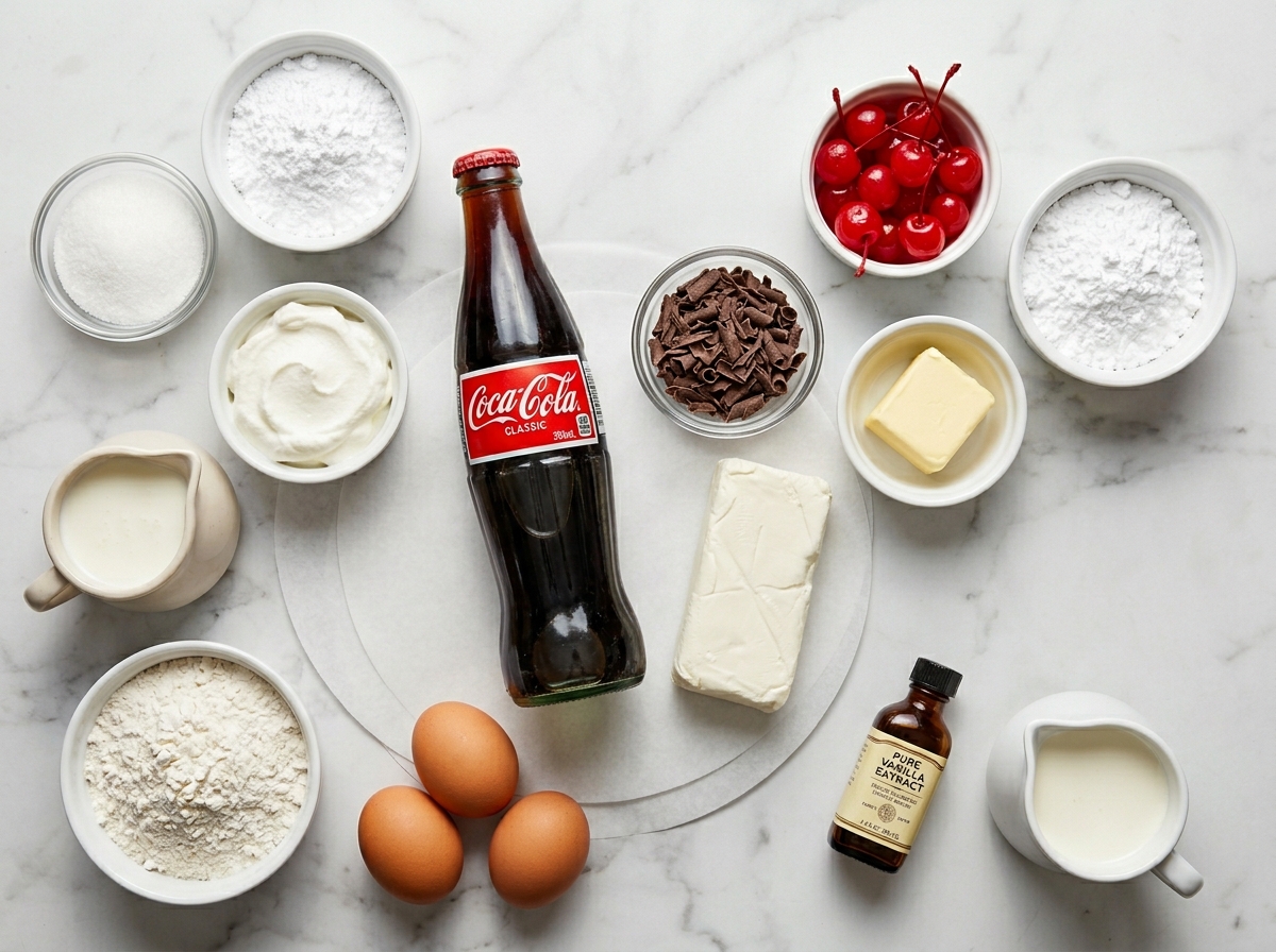 Ingredients for Coca-Cola fudge layer cake with cocoa, cream cheese, and cola