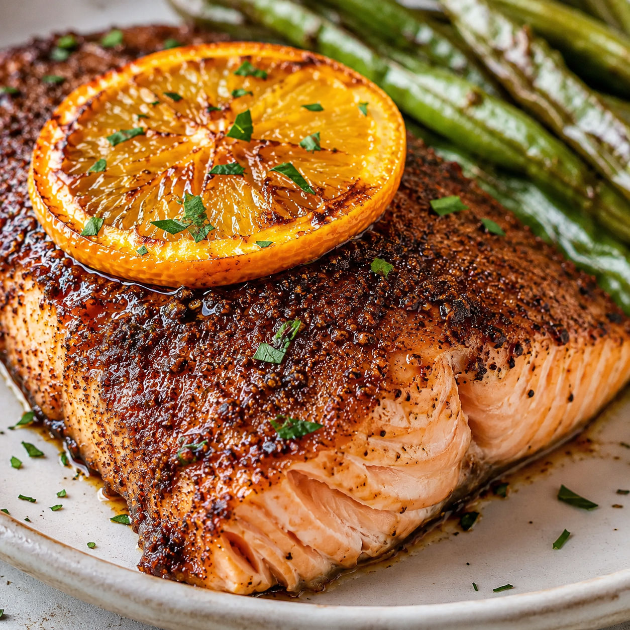 Cocoa spiced salmon with orange slice and glossy dark spice crust