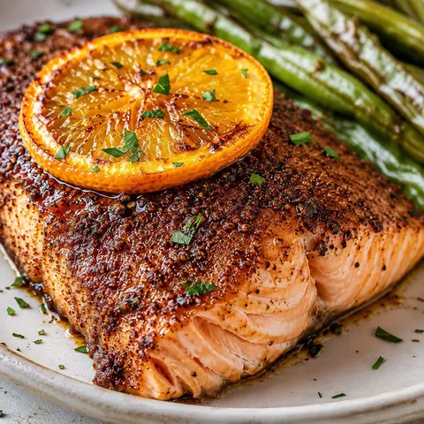 Cocoa spiced salmon with orange slice and glossy dark spice crust
