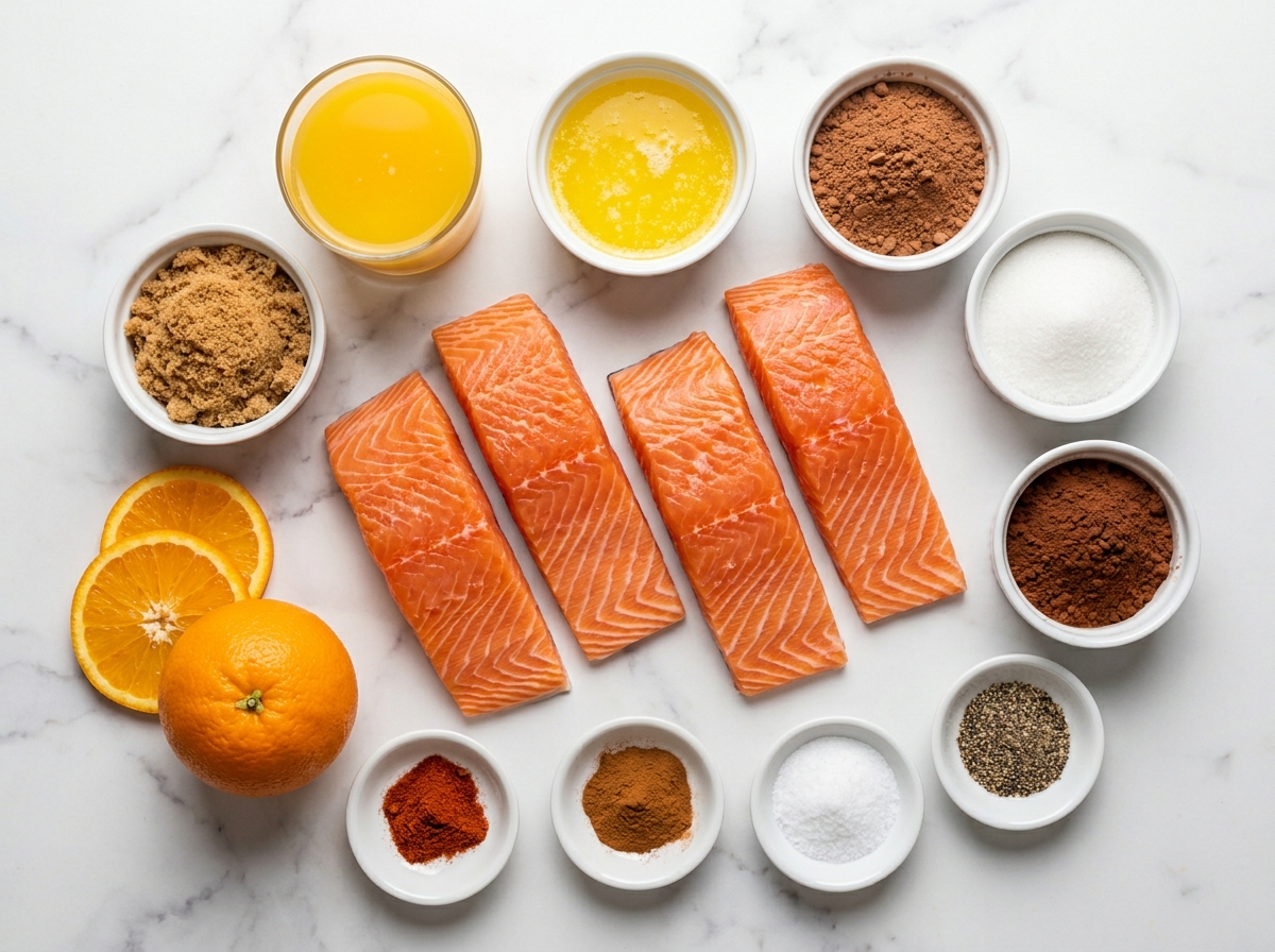 Raw salmon, orange, cocoa, warm spices, sugar, and butter for spiced salmon