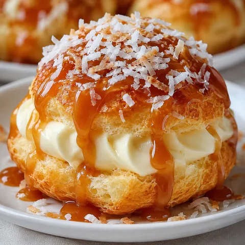 Coconut caramel cream puffs with cream filling and toasted coconut