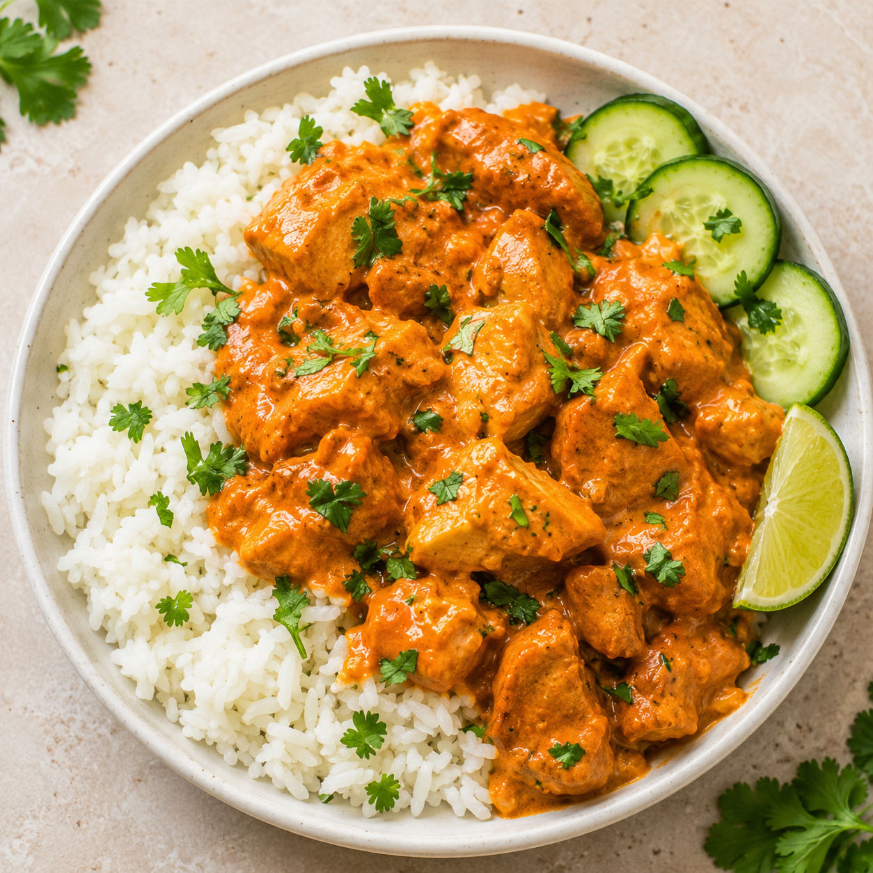 Coconut chicken rice bowl with cilantro, cucumber, and lime