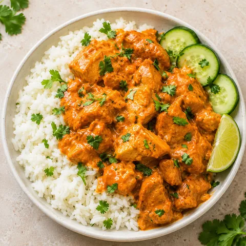 Coconut chicken rice bowl with cilantro, cucumber, and lime