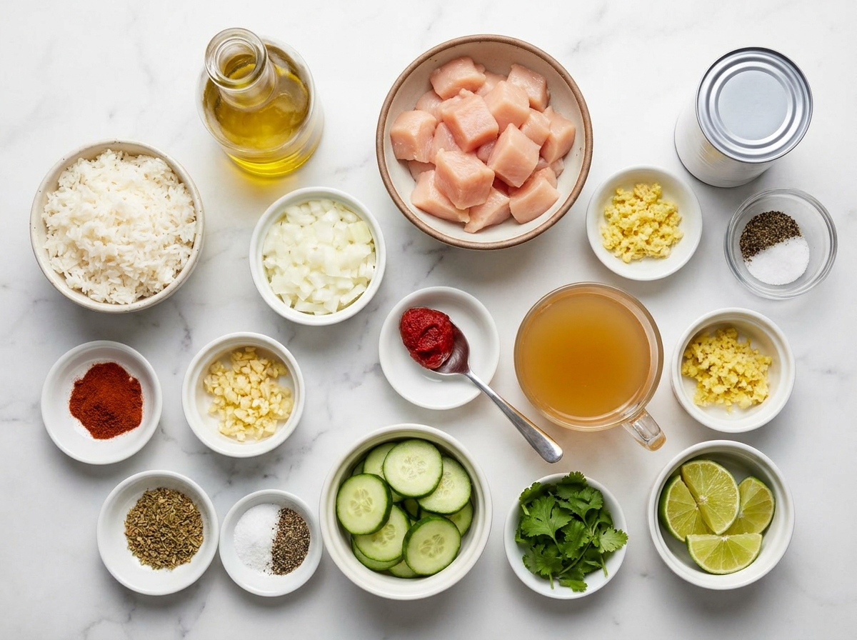 Ingredients for coconut chicken rice bowls on a kitchen counter