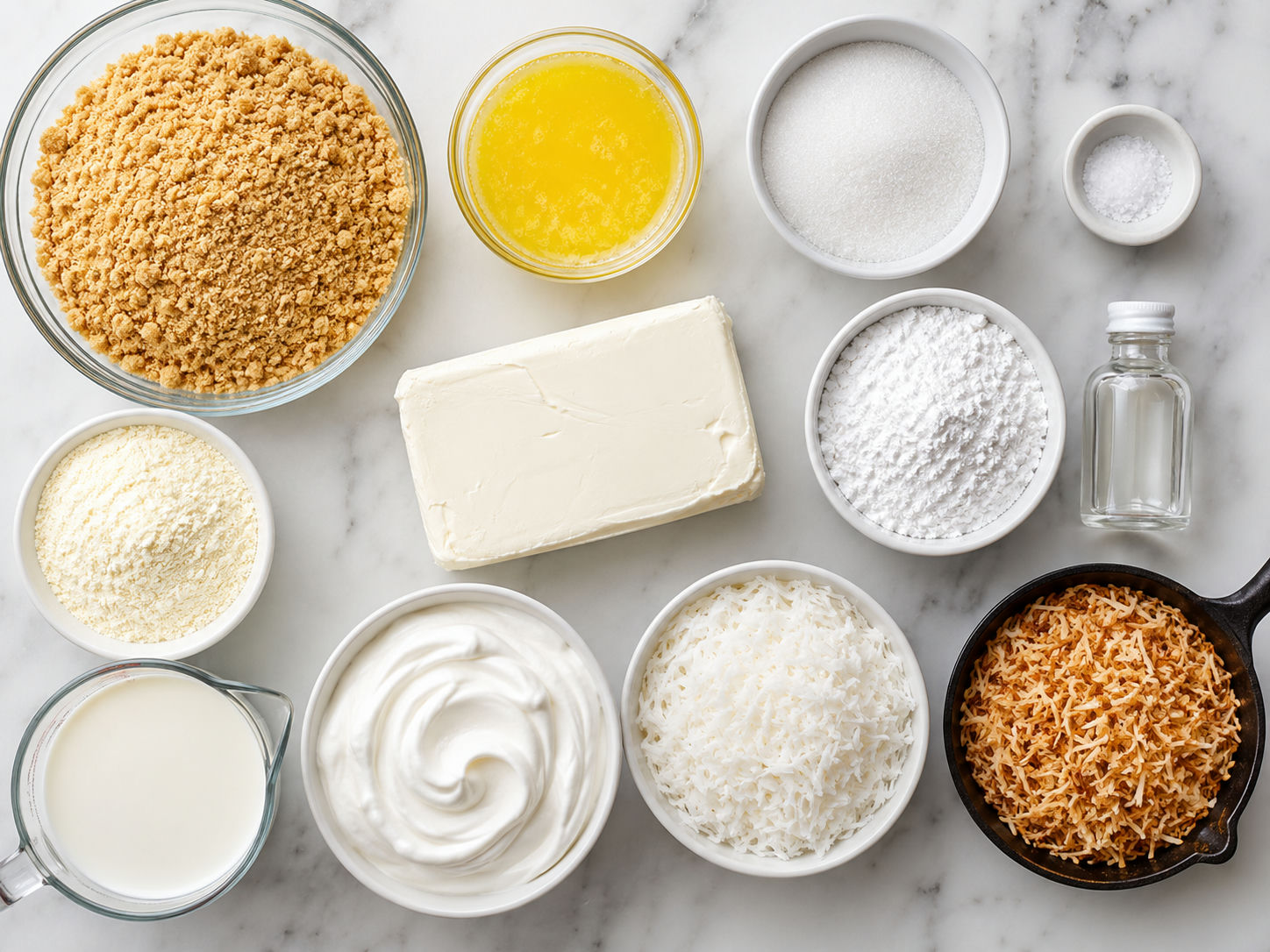 Ingredients for Coconut Cream Bars with graham crumbs and shredded coconut