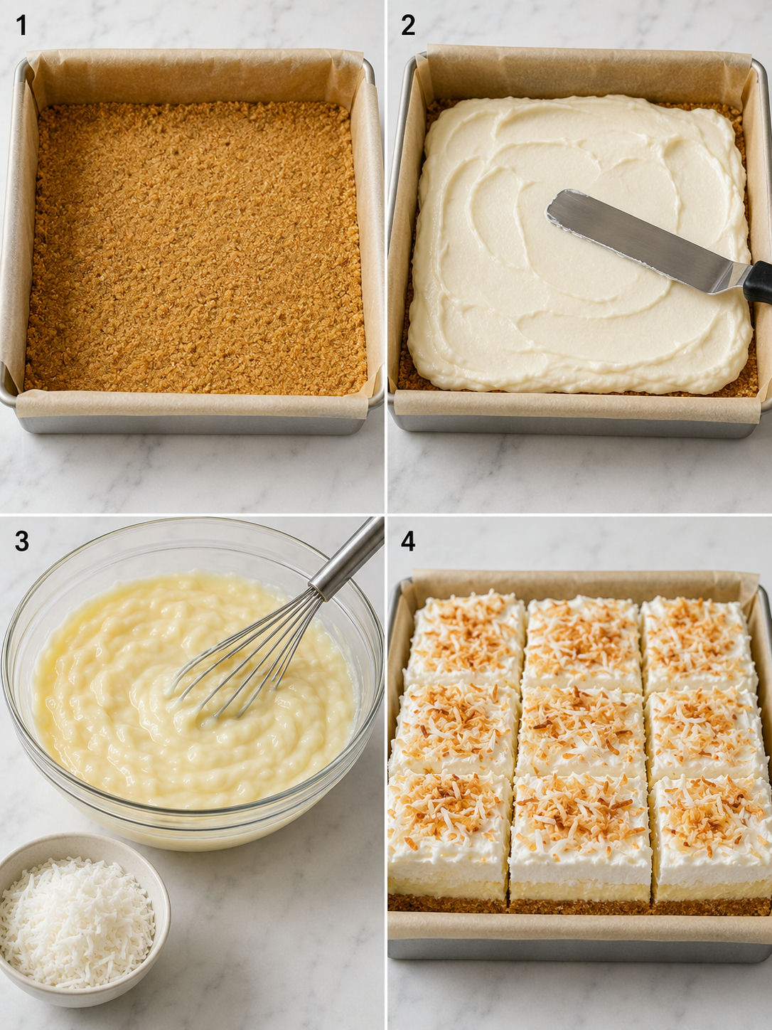 Four steps for making Coconut Cream Bars with crust, filling, and topping