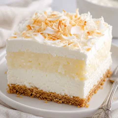 Coconut cream lush slice with graham crust and toasted coconut