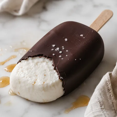 Coconut cream popsicle with dark chocolate shell and sea salt flakes