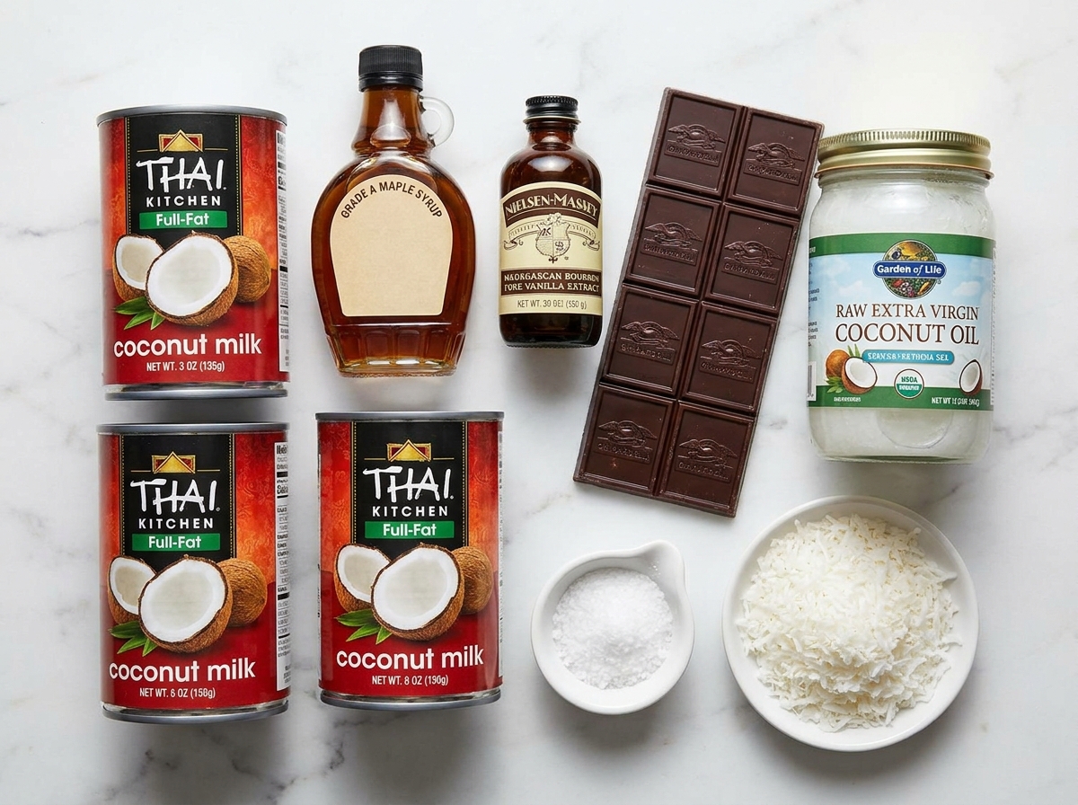 Ingredients for coconut cream popsicles with maple syrup and dark chocolate