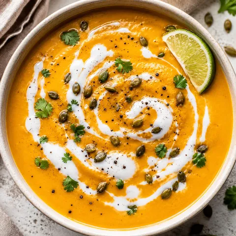 Coconut curry pumpkin soup with coconut swirl, pumpkin seeds, cilantro, and lime