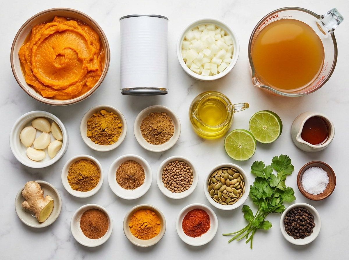 Ingredients for coconut curry pumpkin soup with spices, coconut milk, and lime