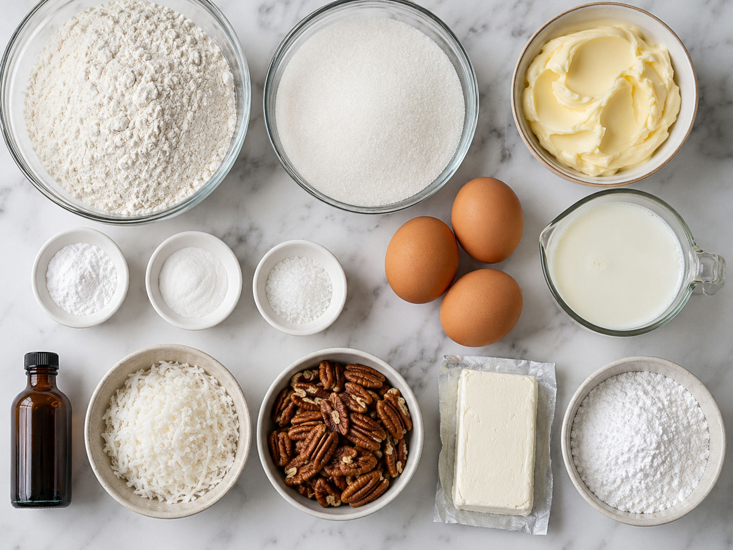 Ingredients for coconut pecan buttermilk cake on a pale wood table