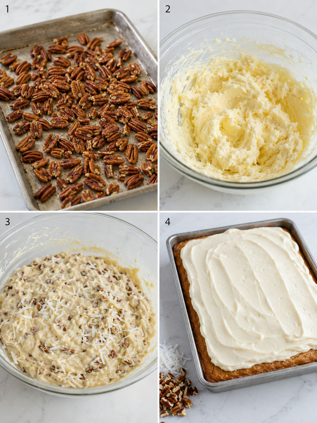 Four baking steps for coconut pecan buttermilk cake