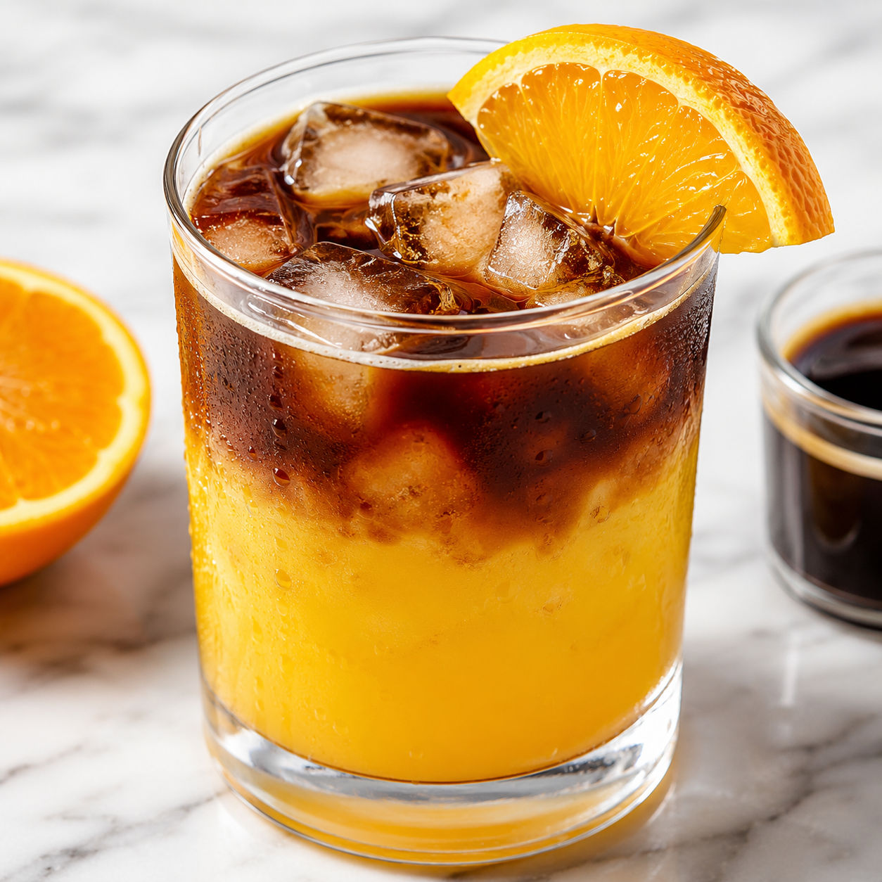 Layered coffee and orange juice with ice and an orange slice