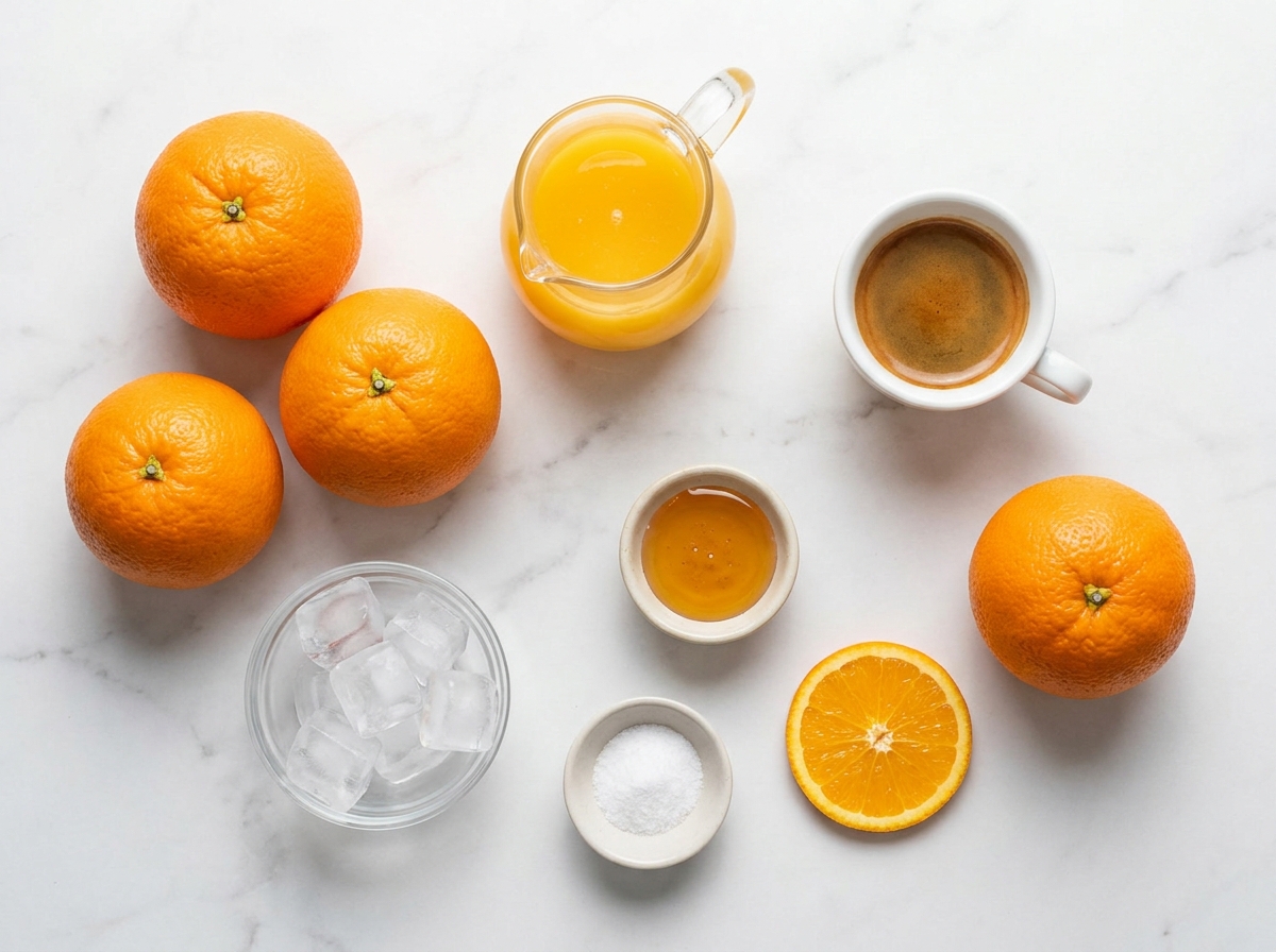 Orange juice, espresso, ice, honey, salt, and orange garnish