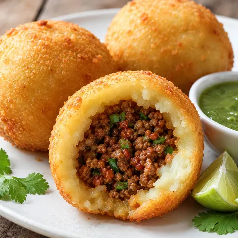 Colombian papas rellenas with beef filling and green aji sauce