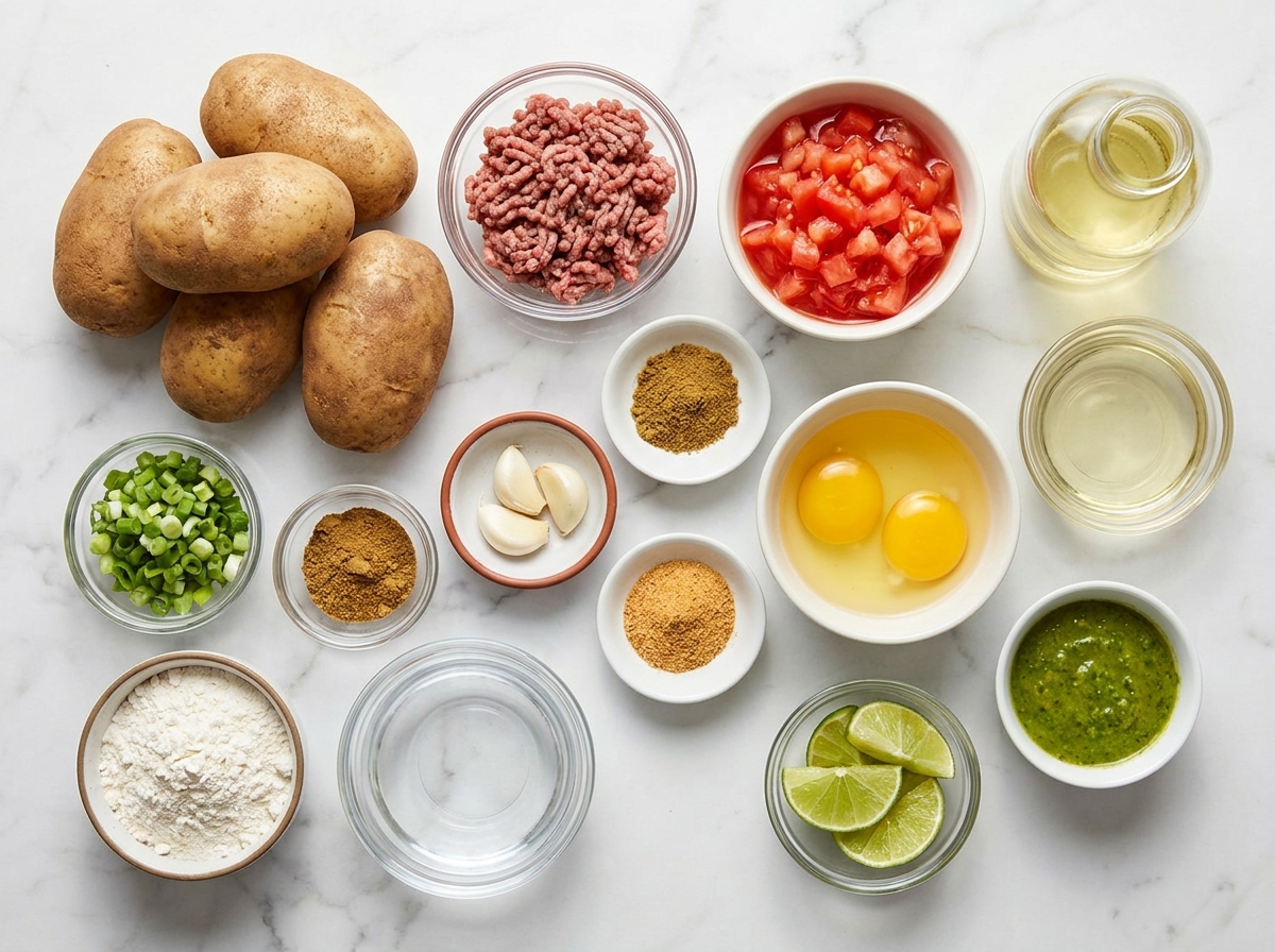 Ingredients for Colombian papas rellenas with potatoes beef and scallions