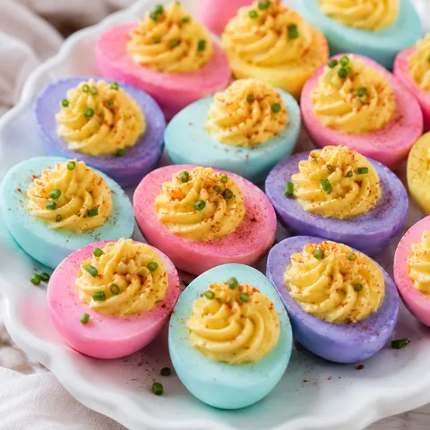 Colorful Easter Deviled Eggs with pastel whites and golden filling