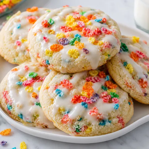Colorful Fruity Pebbles cookies with white glaze and rainbow cereal