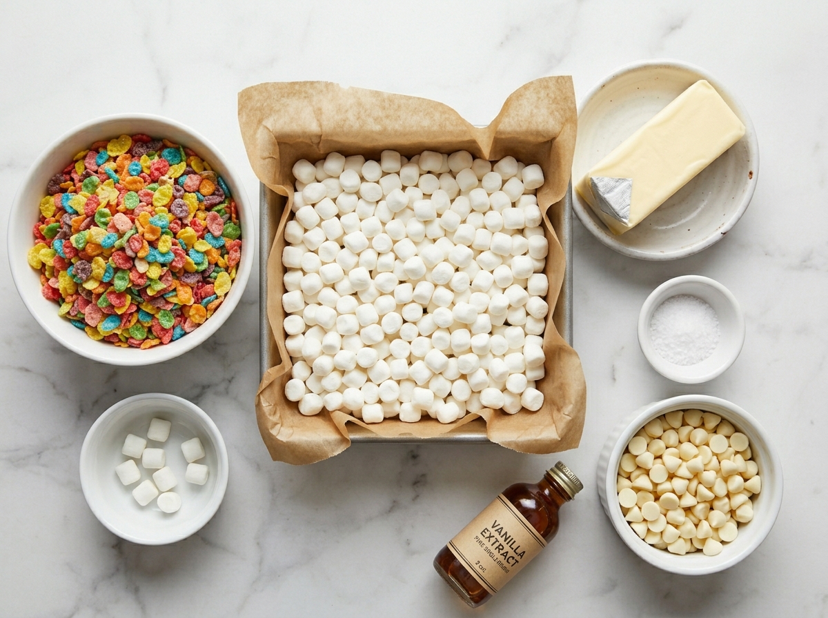 Fruity Pebbles, crisp rice cereal, marshmallows, butter, and vanilla