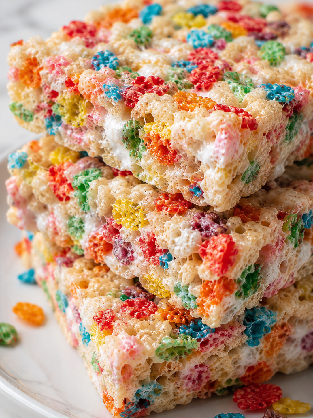 Colorful Fruity Pebbles Krispie Treats, plated and served