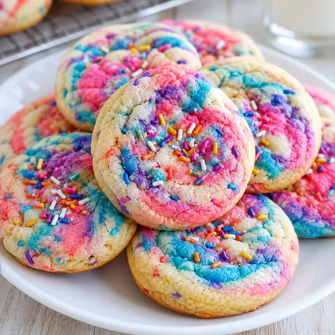 Colorful tie-dye sugar cookies with sprinkles on a white plate