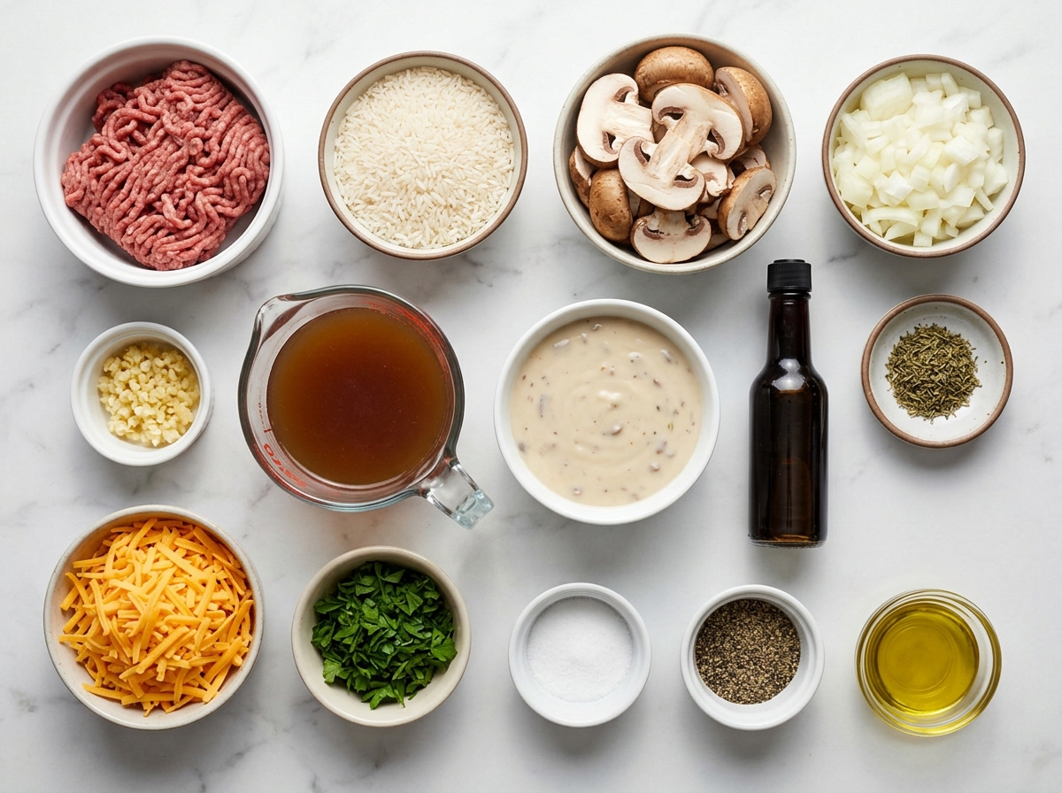 Ingredients for beef and rice casserole with mushrooms, rice, beef, and cheddar