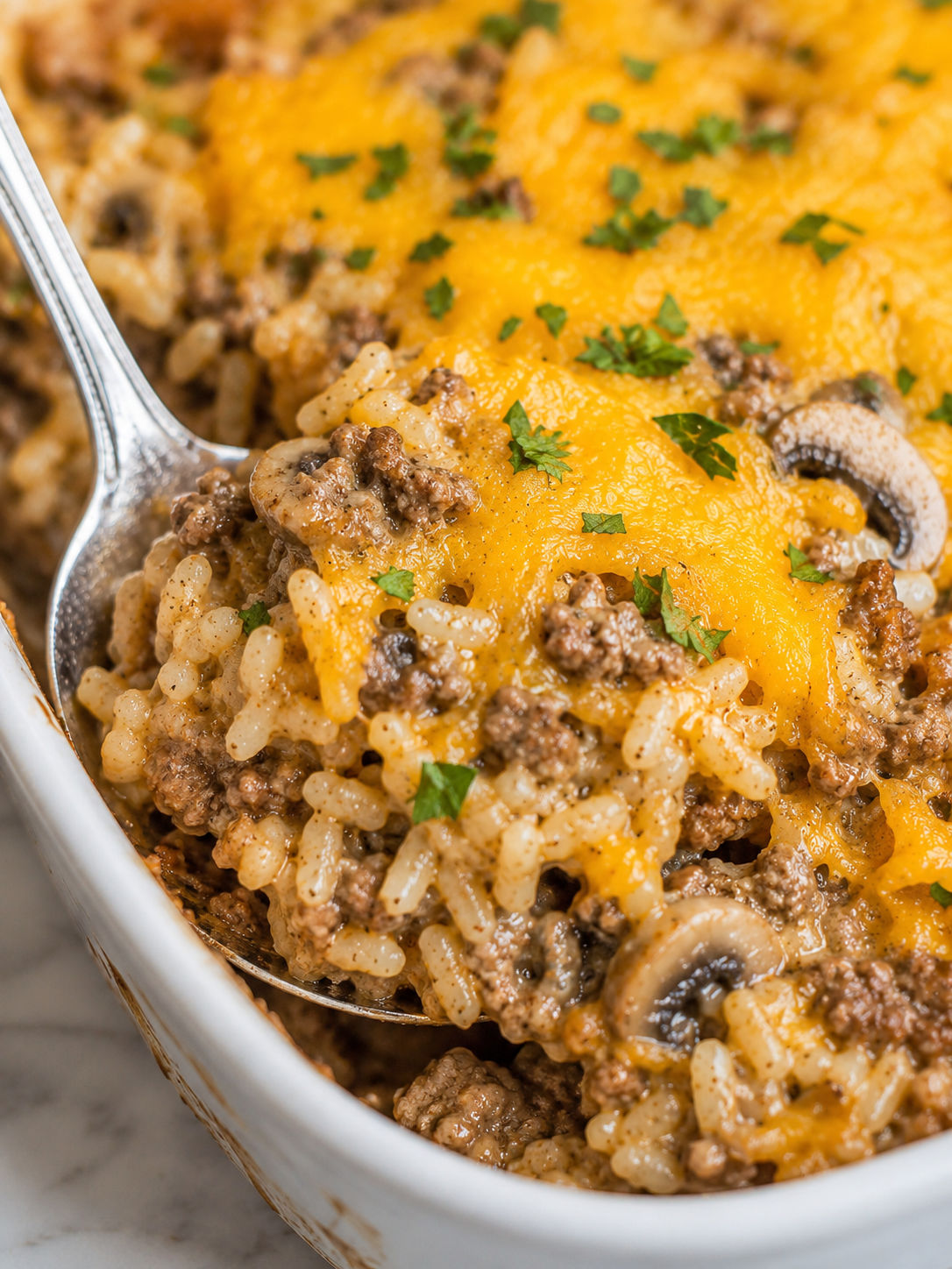 Comforting Beef and Rice Casserole, plated and served