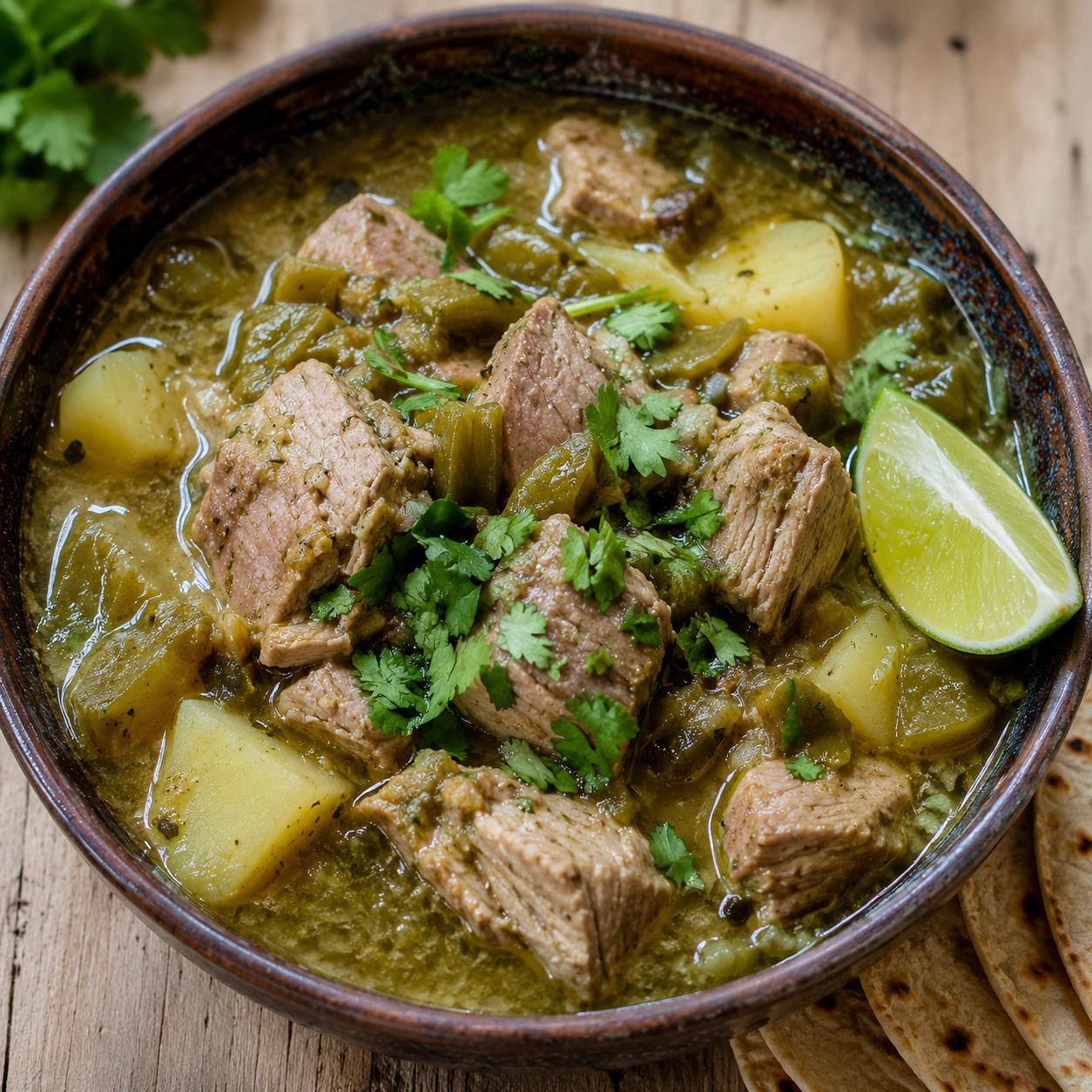 Caldillo de chile verde stew with pork, potatoes, cilantro, and lime