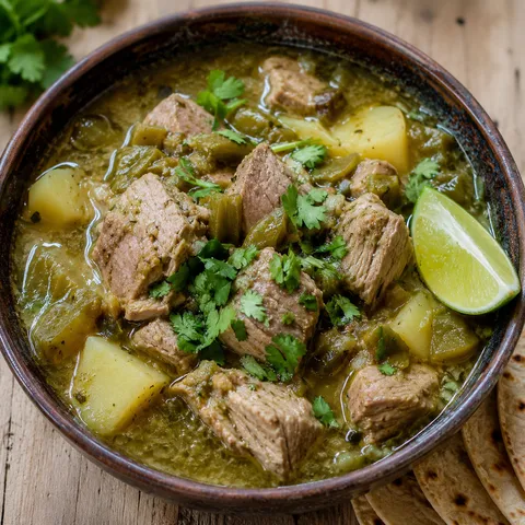 Caldillo de chile verde stew with pork, potatoes, cilantro, and lime
