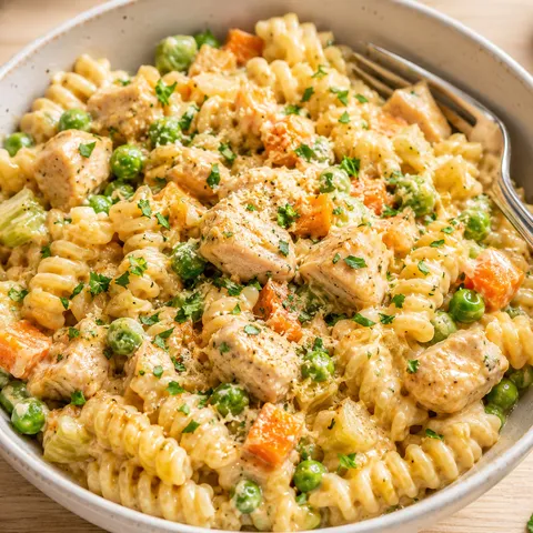 Creamy chicken pot pie pasta with peas, carrots, and parsley in a shallow bowl