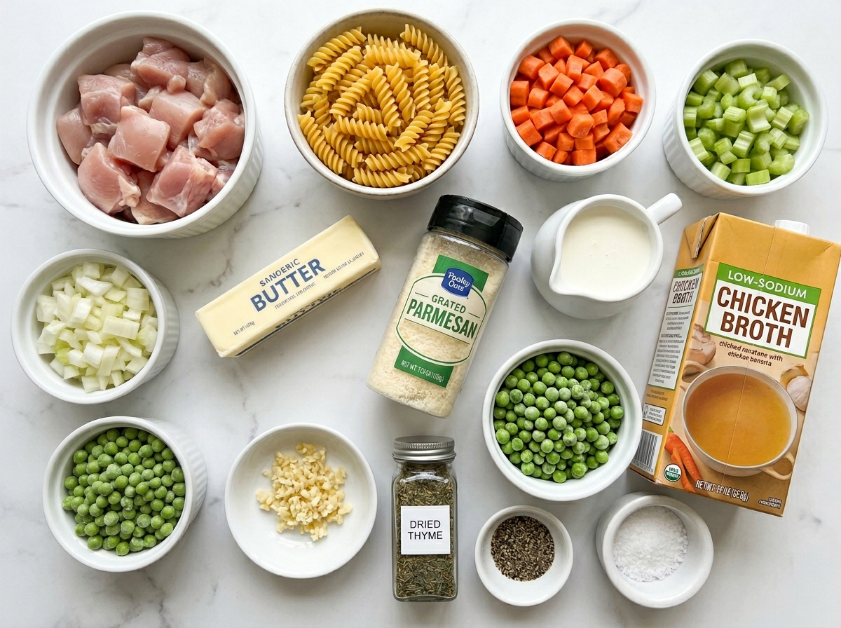 Raw ingredients for chicken pot pie pasta arranged on a wooden counter