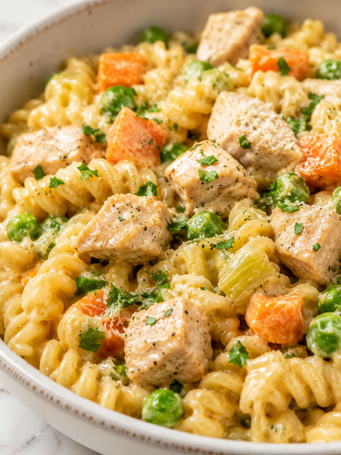 Comforting Chicken Pot Pie Pasta, plated and served
