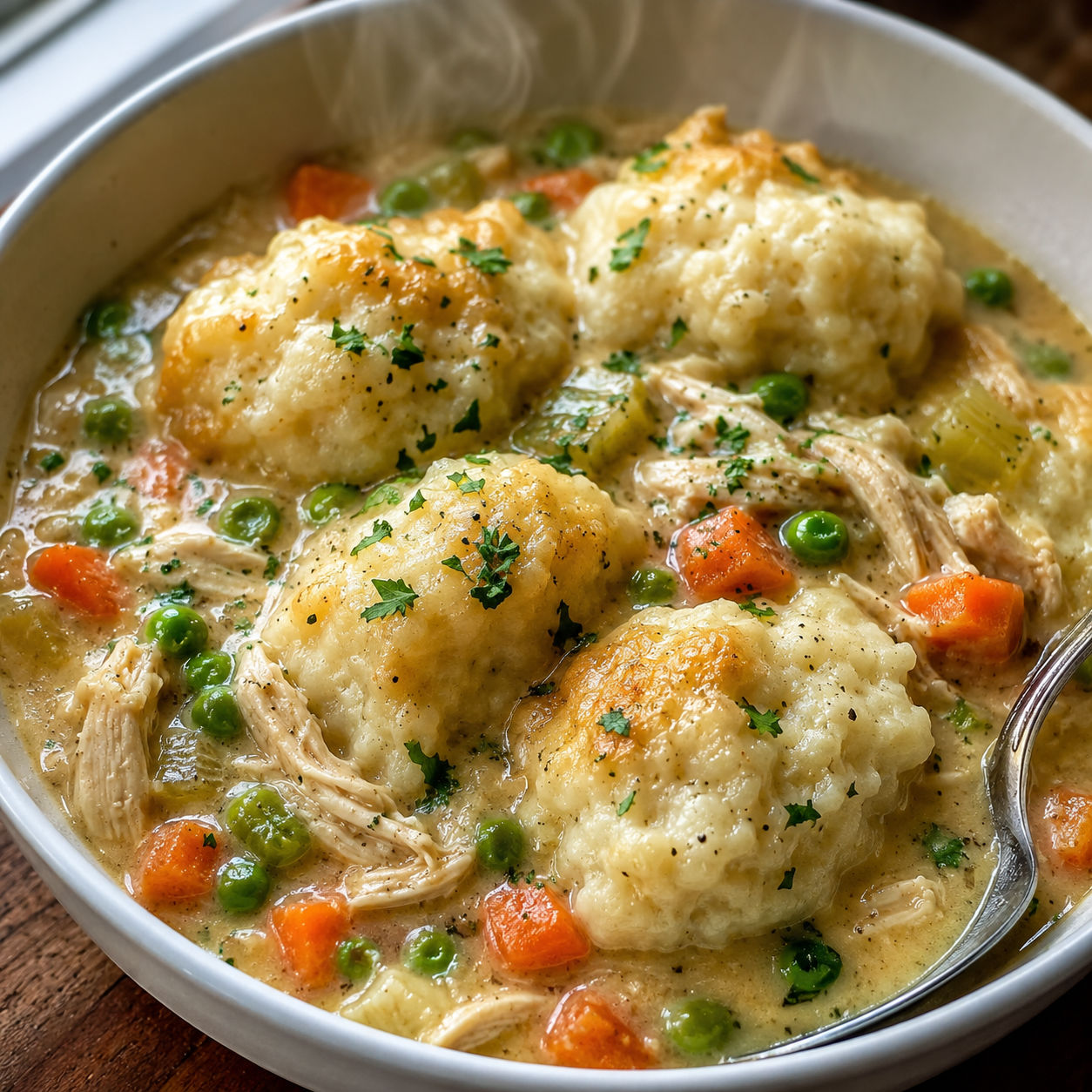 Slow cooker chicken and fluffy dumplings with carrots and peas