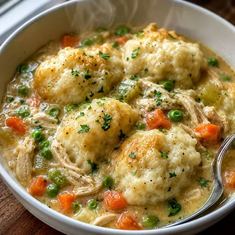 Slow cooker chicken and fluffy dumplings with carrots and peas