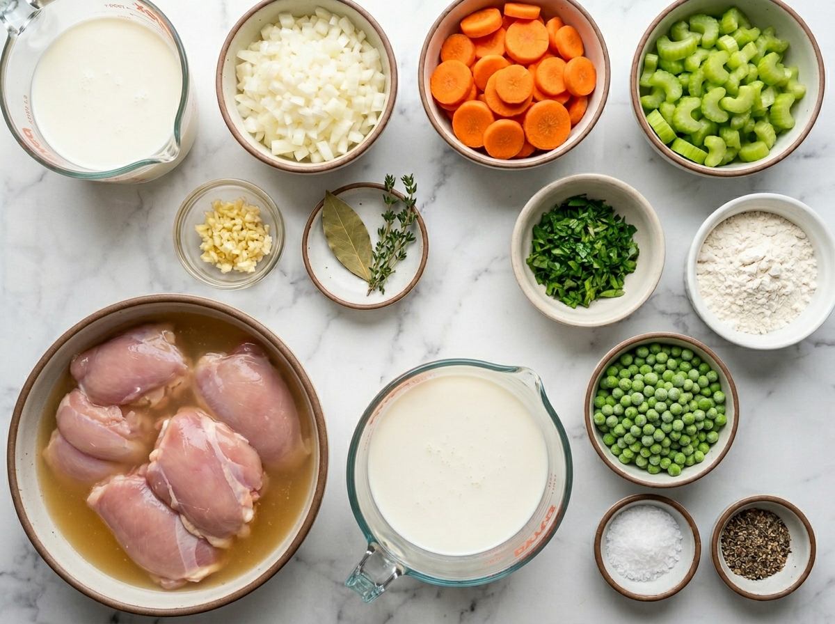 Ingredients for slow cooker chicken and dumplings on a wooden surface