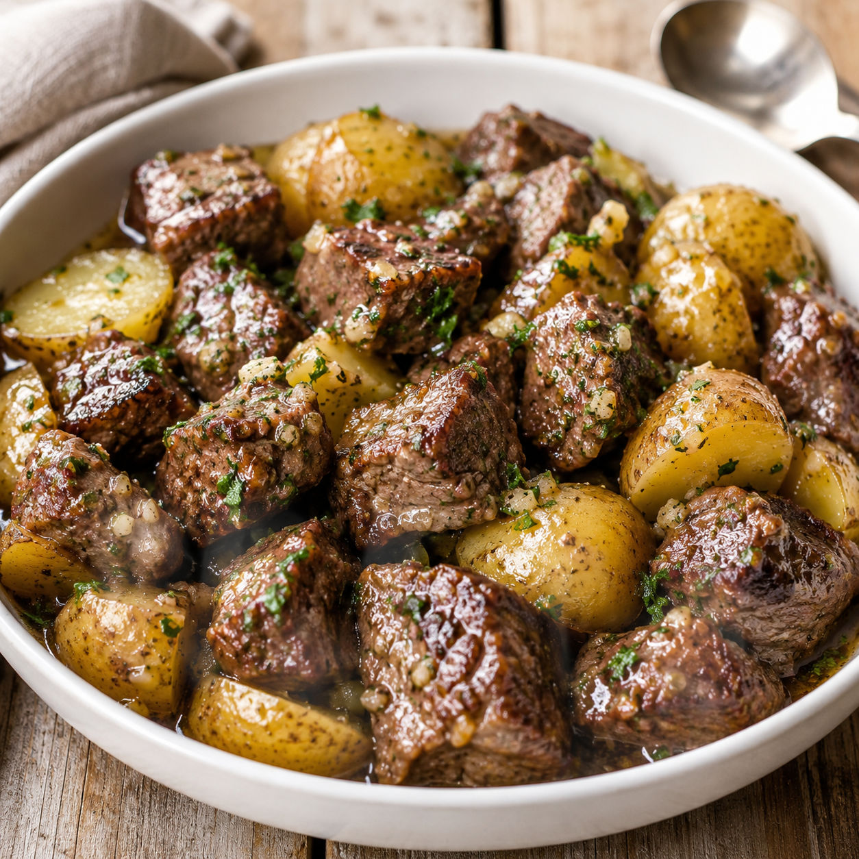 Garlic butter beef bites with baby potatoes and parsley in a white bowl