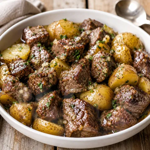 Garlic butter beef bites with baby potatoes and parsley in a white bowl