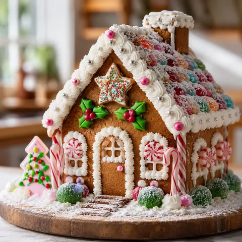 Homemade gingerbread house with royal icing snow and colorful candy trim