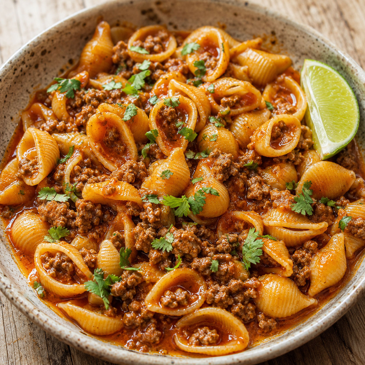 Conchitas with ground beef in tomato broth with cilantro and lime