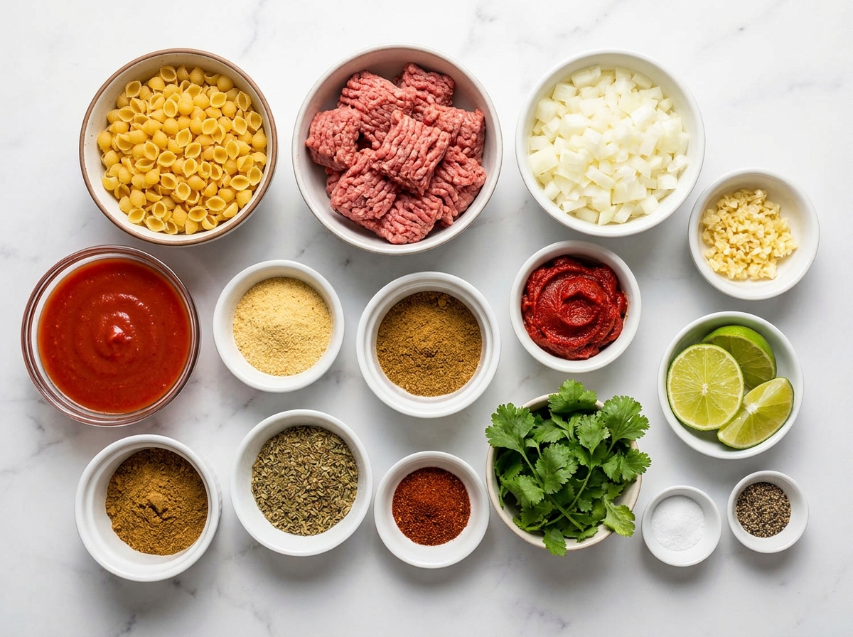 Ingredients for Conchitas with Ground Beef on a light wood counter