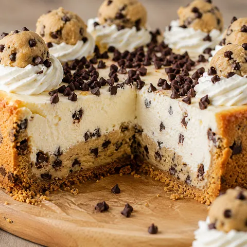 Cookie dough cheesecake slice with whipped cream and cookie dough bites