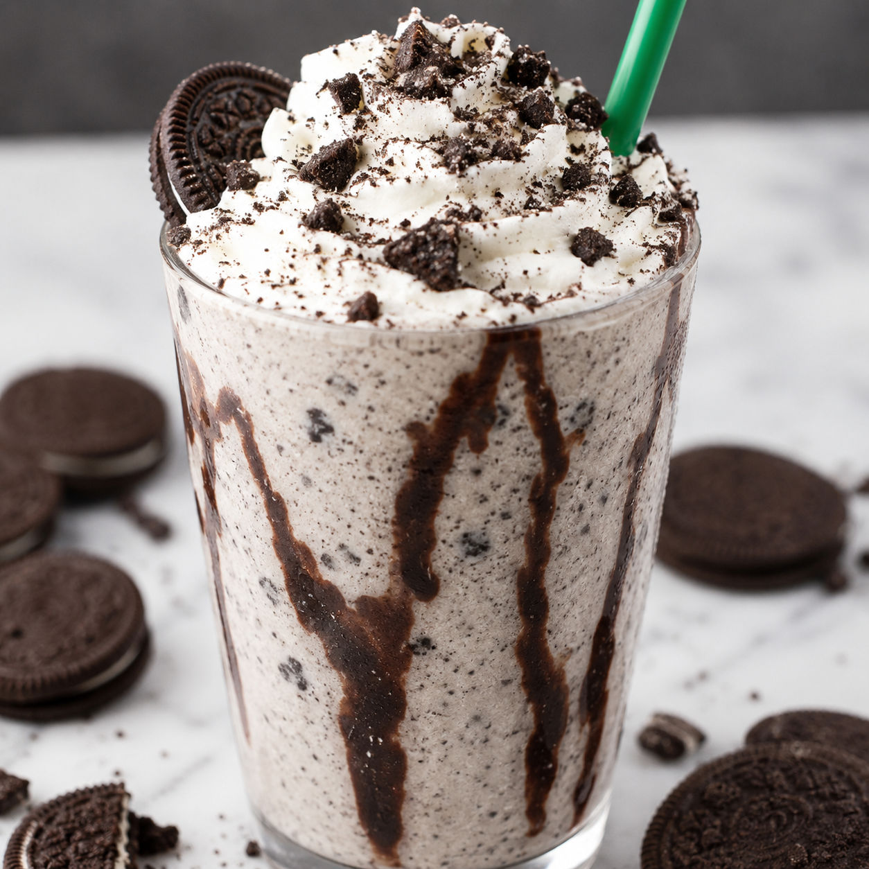 Cookies and cream frappuccino with whipped cream and cookie crumbs