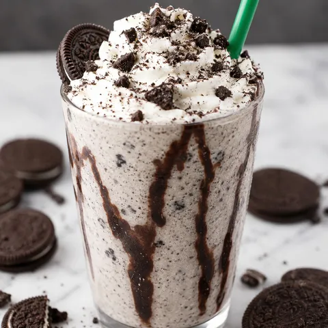 Cookies and cream frappuccino with whipped cream and cookie crumbs
