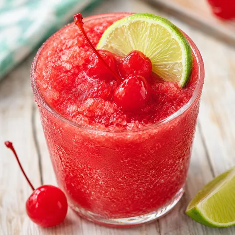 Frozen cherry drink with lime and cherries in a chilled glass