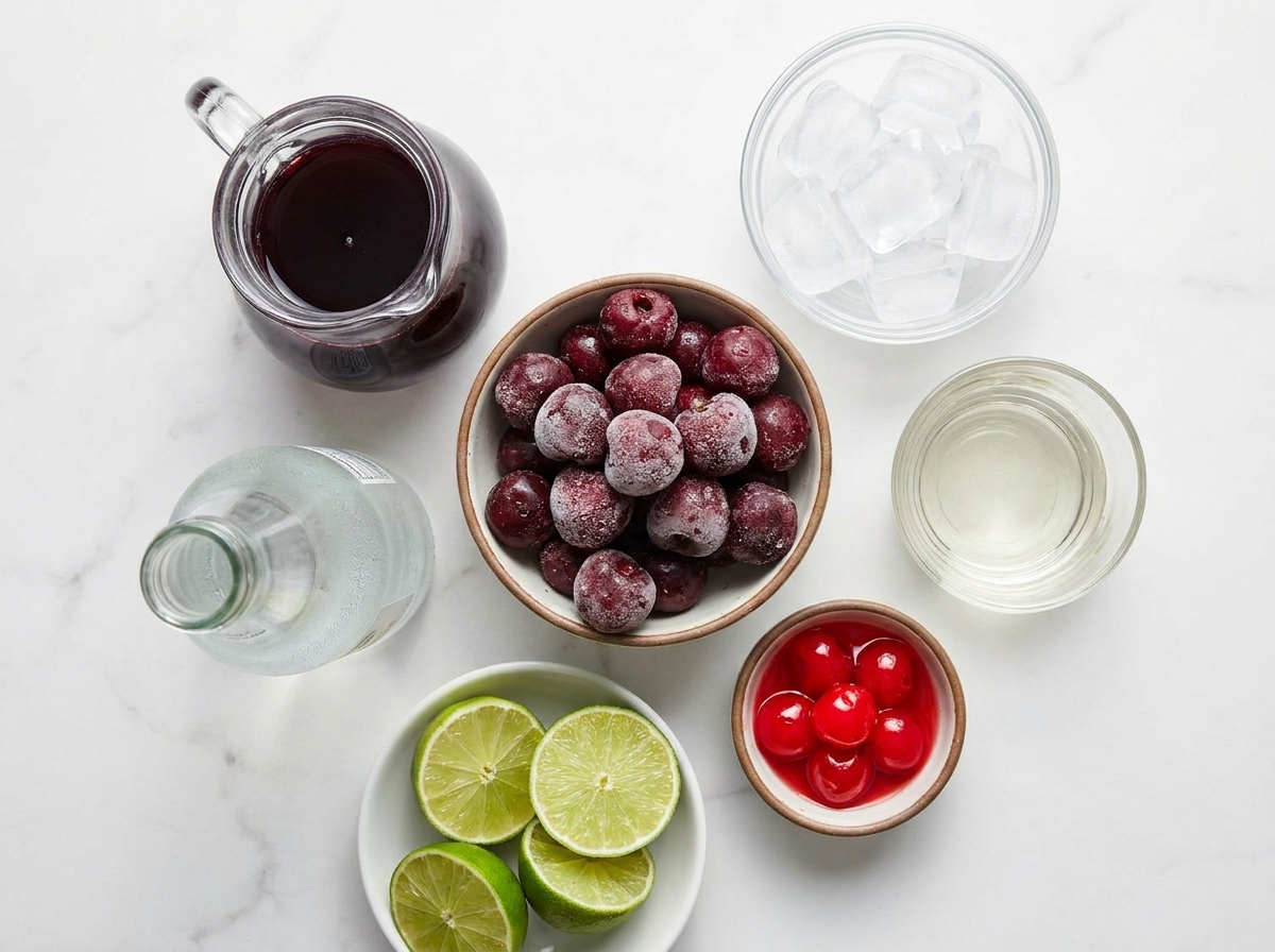 Frozen cherries, lime, cherry juice, ice, and soda for a cherry drink