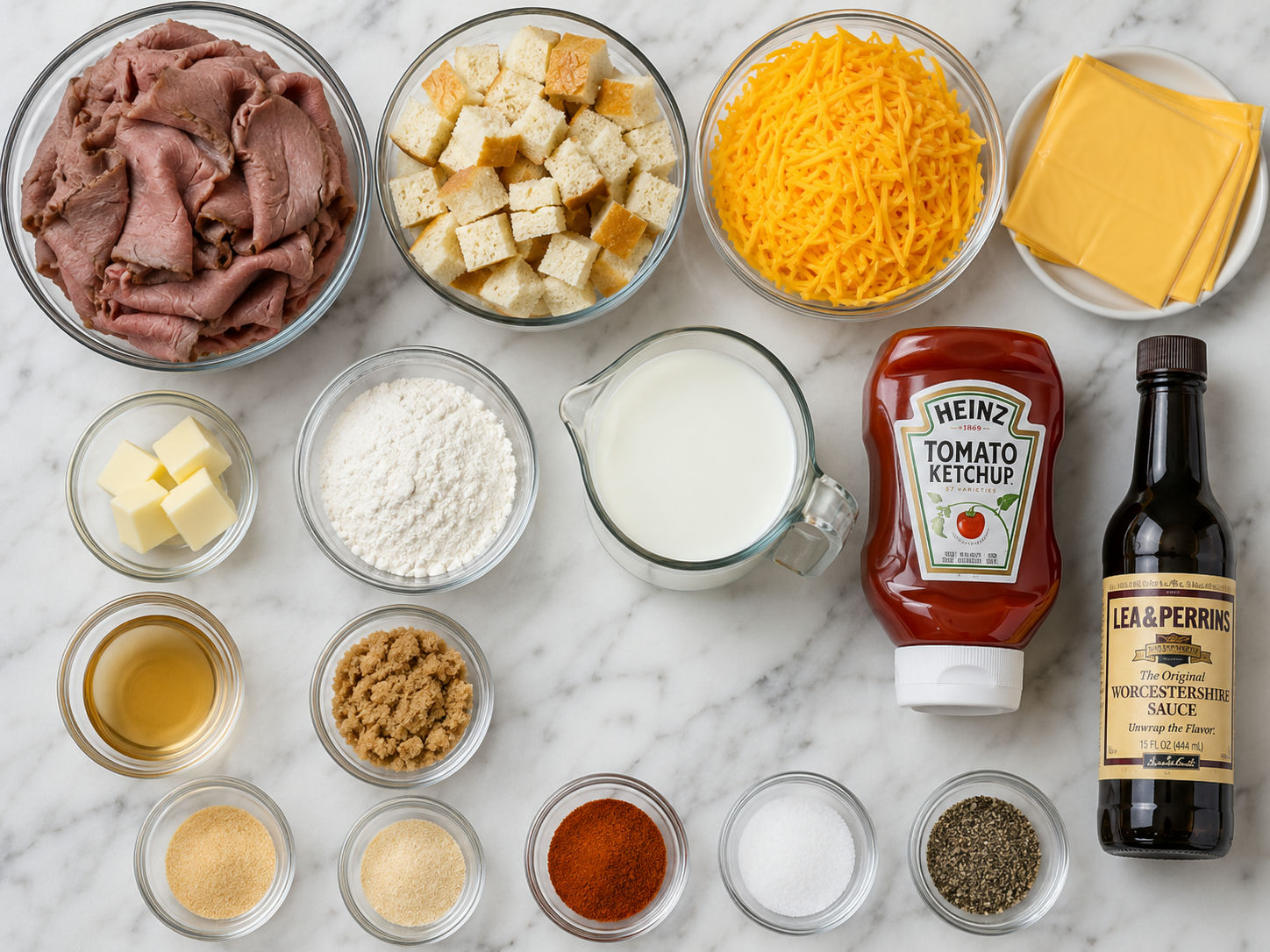 Ingredients for beef and cheddar casserole with buns, roast beef, and cheese