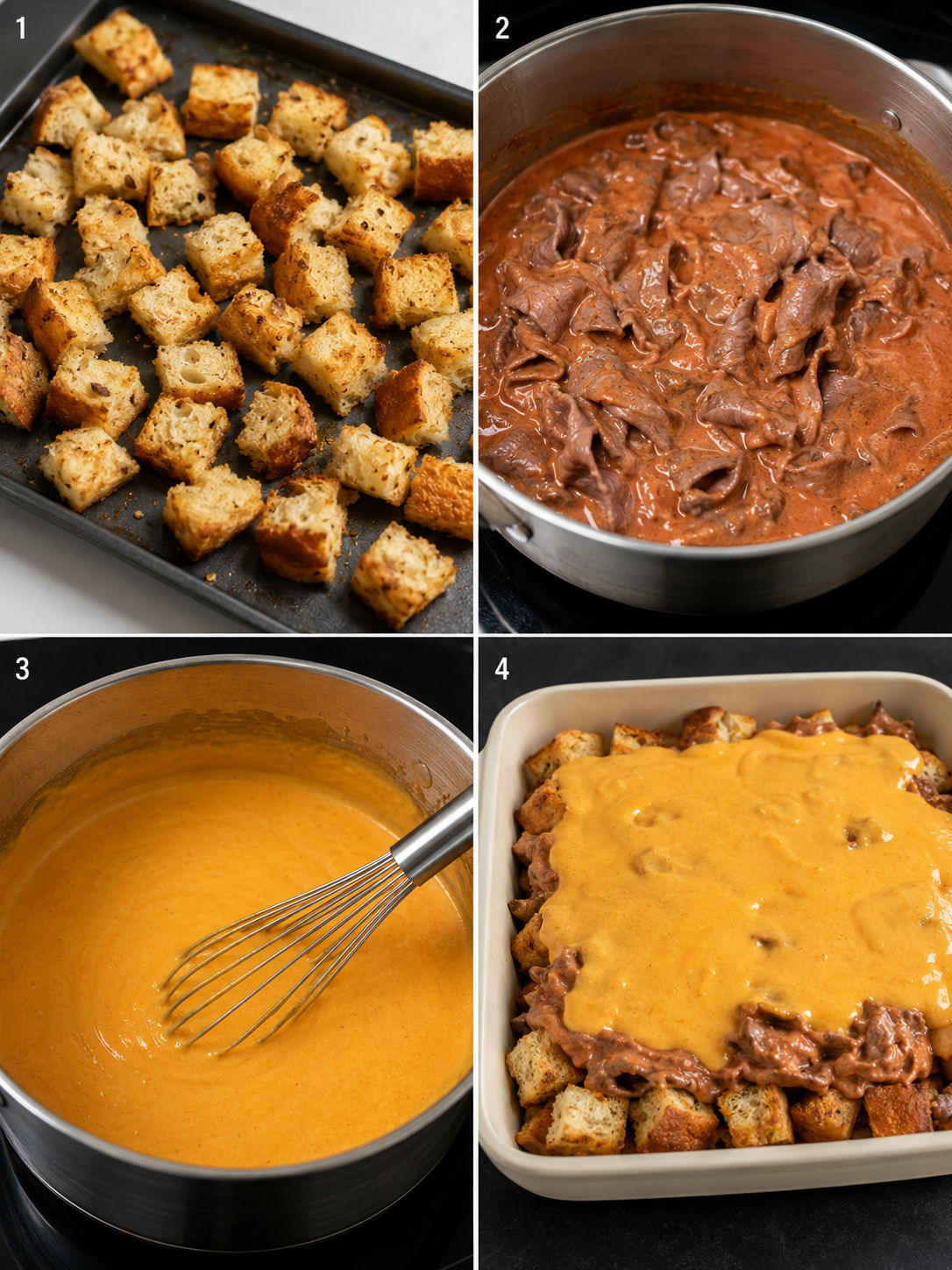 Four steps for making beef and cheddar casserole from buns to layering
