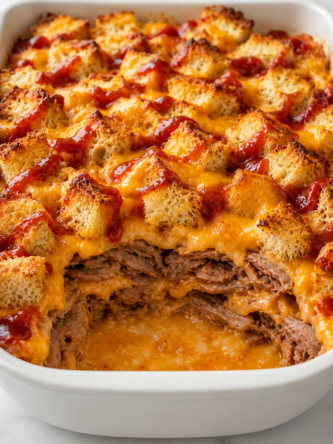 Gooey beef and cheddar casserole scoop with toasted bun cubes